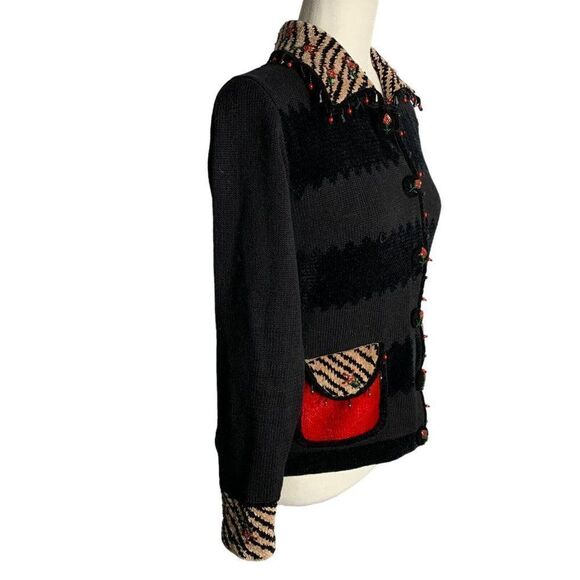 Vintage Jack B Quick Cardigan Sweater S Black Beaded Flowers Buttons Chenille - Picture 6 of 7